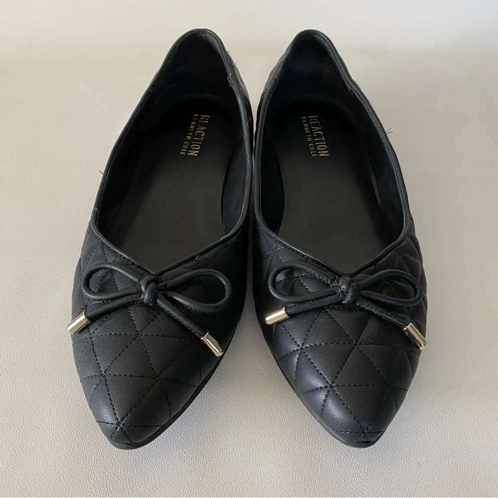 Kenneth Cole Reaction Quilted Black Ballet Flats 7.5 Pointed Toe Bow Women’s - Picture 6 of 12
